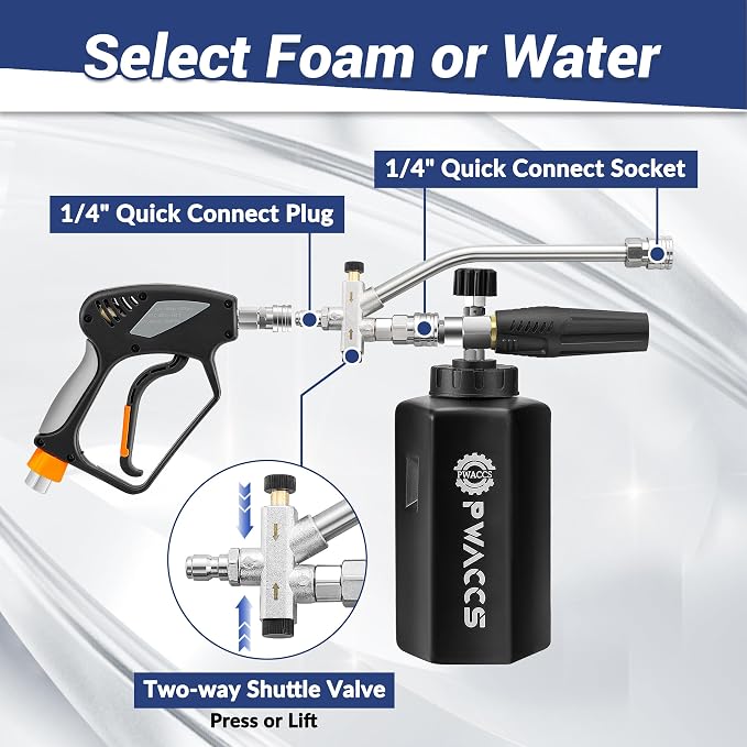 PWACCS Dual Foam Cannon with Pressure Washer Short Gun, 1.5 Liter | Car Wash Foam Gun Kit, Dual Connector Accessory, 1/4" Quick Connector, 5 Sprayer Nozzles, 5000 PSI