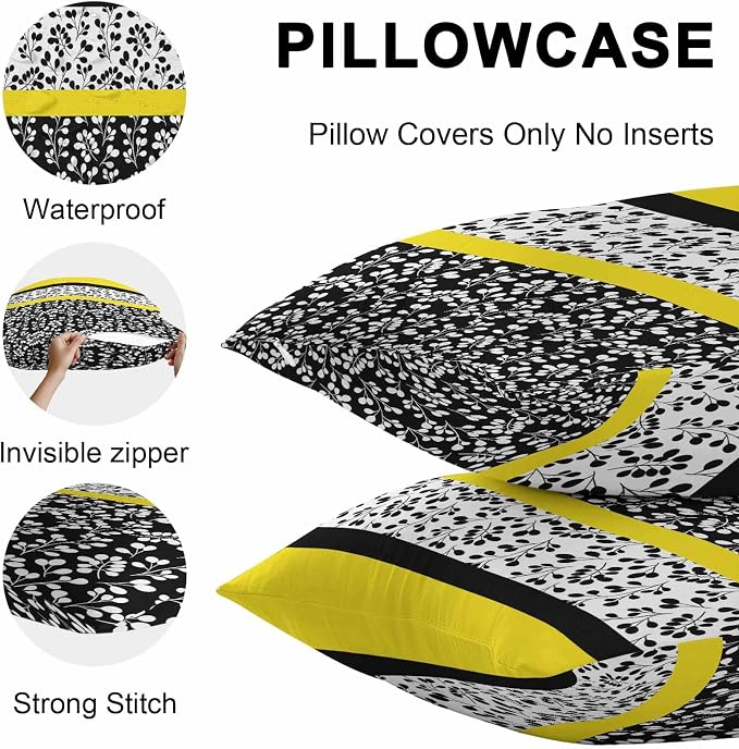 Black Yellow Outdoor Pillow Covers 24x24 Inch Throw Pillow Covers Set of 2 Waterproof Decorative Pillow Cases Garden Floral Stripe Aesthetic Flower Boho Cushion Covers for Patio Furniture Garden Couch
