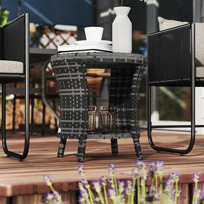 Outsunny 18" Outdoor Wicker Coffee Table, 2-Tier Patio Side Table with Storage, PE Rattan End Table with Composite Wood Top, Steel Frame for Garden Backyard Balcony, Gray