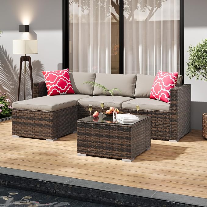GarveeHome 5 Pieces Patio Sectional Furniture Set, All Weather Wicker Rattan Sectional Sofa, Patio Conversation Set with Cushions and Glass Coffee Table for Backyard Porch Garden Balcony, Grey