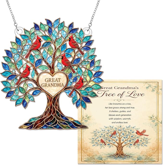 Grandma Gifts, Gifts for Grandma, Grandma Birthday Gifts, Tree of Love 4 inch Suncatcher for Great Grandma, Cardinal Bird Family Tree Window Hanging Decor with Keepsake Message Card