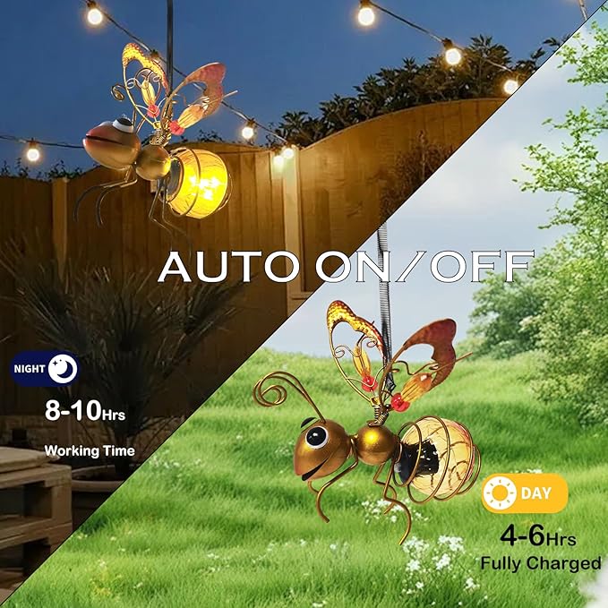 2 Pcs Waterproof Solar Hanging Bee Lights, Metal Bumblebee Figurine LED, Outdoor Garden Balcony Porch Spring Holiday Party Decoration