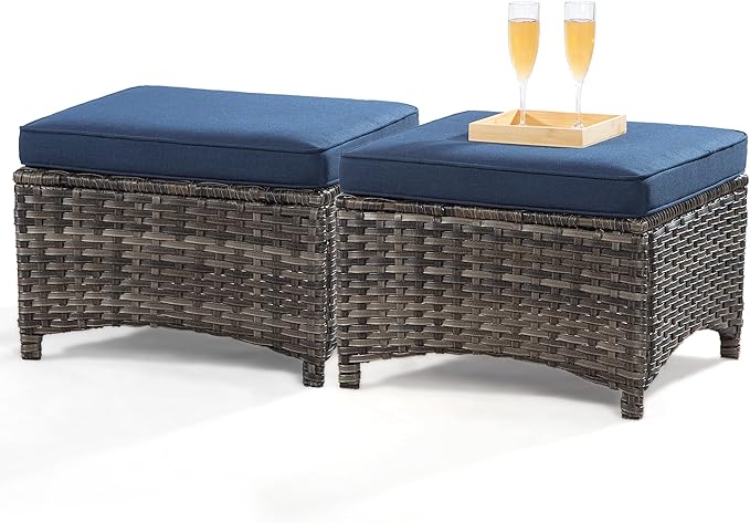 4 Pieces Outdoor Patio Furniture Set Wicker Chairs Set of 2 with Two Ottomans for Backyard, Porch, Balcony(Mixed Grey/Blue)