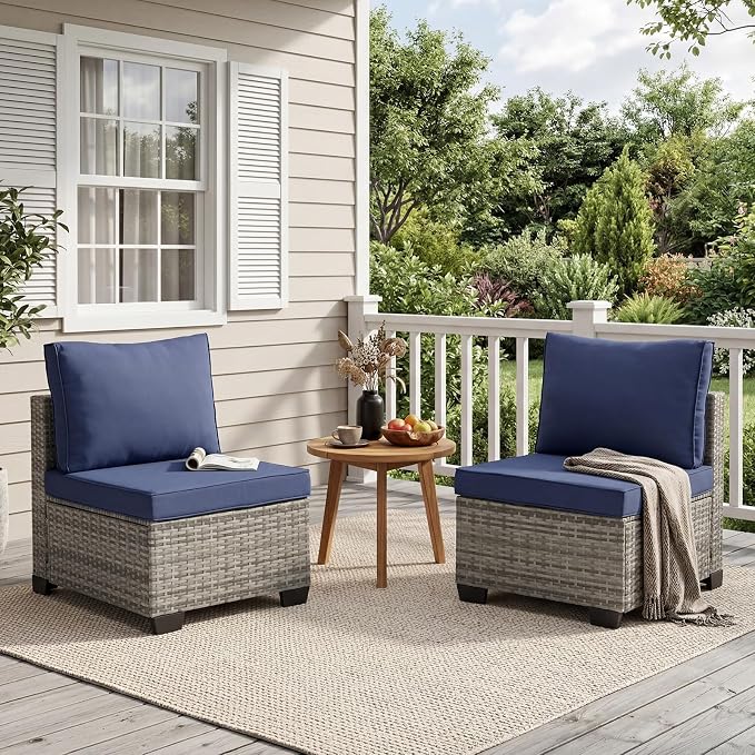 ANJ Outdoor Wicker Patio Chairs Set of 2, Modular Armless Patio Seating with Thick Cushions, All-Weather Rattan Conversation Chair Set for Porch, Balcony, Garden, Backyard, Light Grey Wicker-Blue