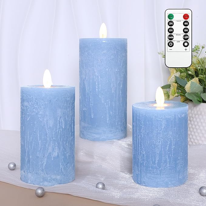 Rustic Blue Flameless Candles with Remote Control & Timer Real Wax Ocean Pillar LED Candles Rough Texture Design Battery Candles for Home Party Nautical Wedding Christmas Valentine's Day Decor