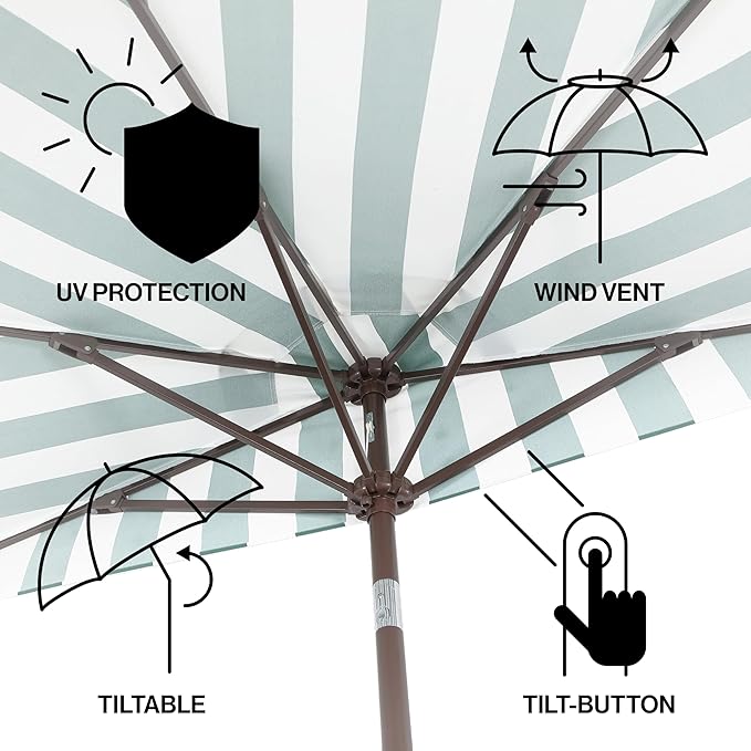 JONATHAN Y Beverly 9 ft. Coastal Green and White Striped Half Patio Umbrella with Scalloped Fringe, Crank Lift, and Manual Tilt for Balcony, Dark Brown Pole UMB1201F