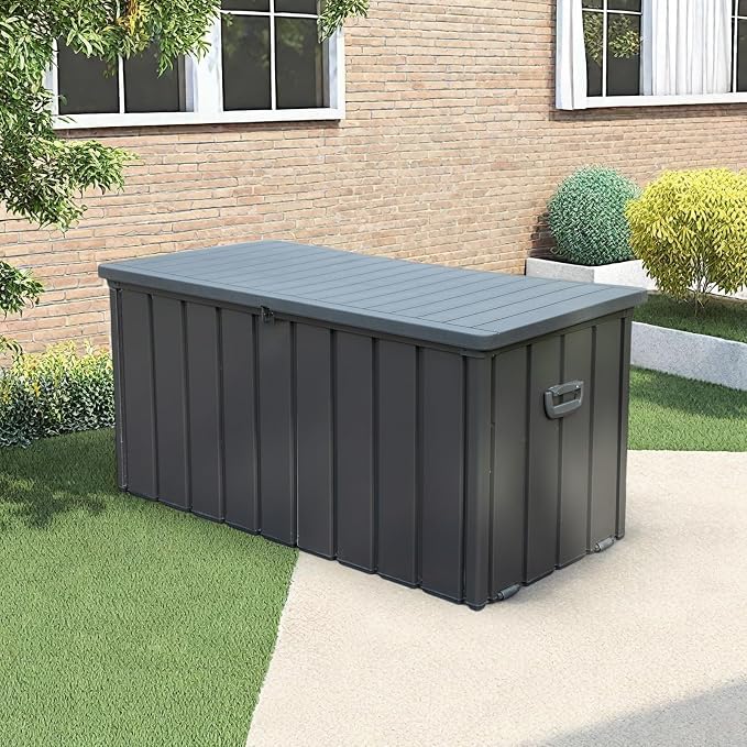 ChicFurnit Outdoor Storage Box, 100 Gallon Deck Box with Lockable Resin Lid & Portable Side Handles, Outdoor Storage Bin with Stable Support Rod, Soft Close Mechanism & Mobility Rollers, Dark Gray