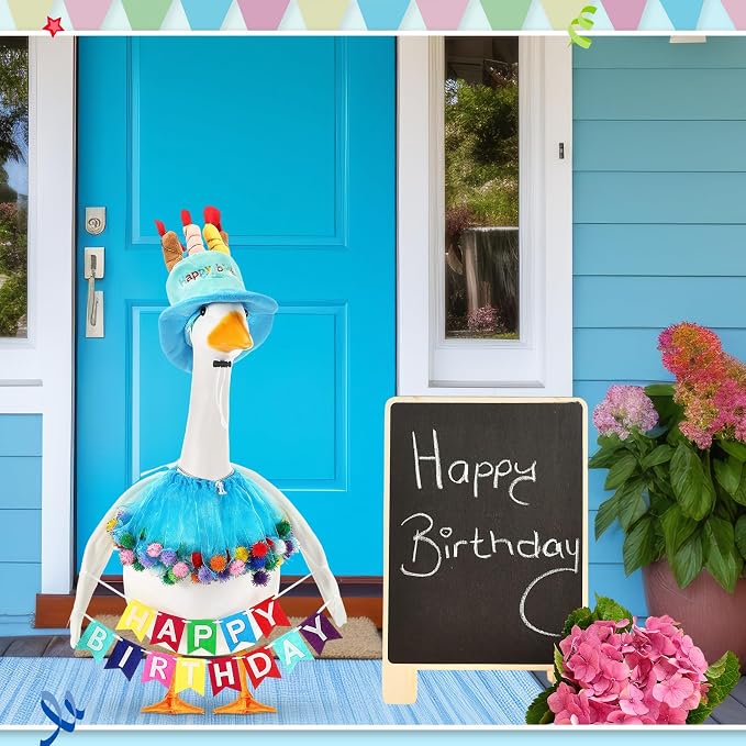 Abbylike 4 Pcs Happy Birthday Porch Goose Outfit for 23" Statues Poseable Porch Goose Wings Birthday Cake Hat for Lawn Patio Outdoor Geese Statue Decoration Accessories(Blue,Gauze Skirt Style)