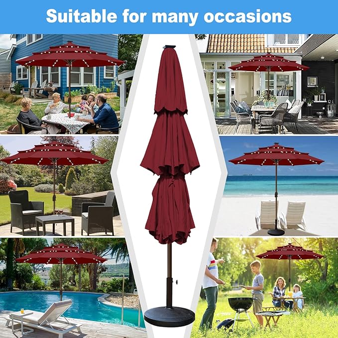 Eurmax USA 10-Year-Non-Fading 10FT 3-Tier Outdoor Patio Market Umbrella with LED Lights,UPF50+ UV Resistant,Commercial Grade,Crank Lift Design,Windproof Vented Top for Garden,Pool,Deck,Burgundy