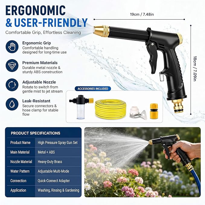 High Pressure Sprayer for Car Wash & Patio Cleaning, Easy Outdoor Watering Tool for Homeowners (AA+5 m Hose)