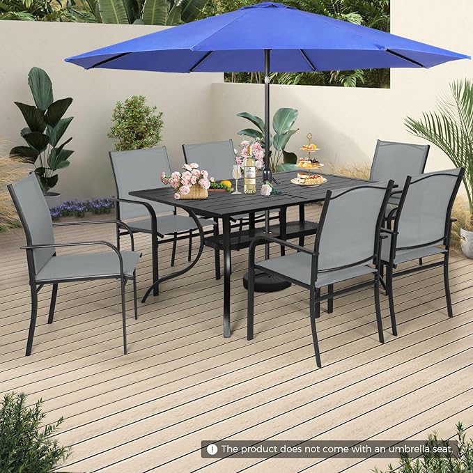 Incbruce 8 Pieces Patio Dining Set with Dark Blue Umbrella, Outdoor Dining Set of 6 Textilene Chairs and Rectangle Table with Umbrella Hole for Backyard, Garden, and Poolside (Grey)