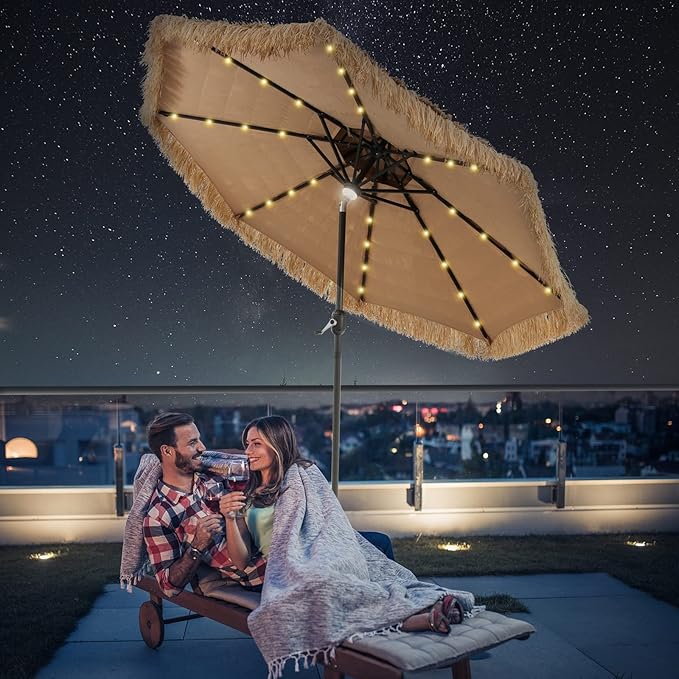 Tangkula 9 ft Thatched Patio Umbrella, 2 Tier Hawaiian Style Grass Beach Umbrella with 32 Led Lights, Center Light, Solar Tiki Umbrella with 8 Ribs, Tilt Adjustment, Manual Crank for Backyard Pool