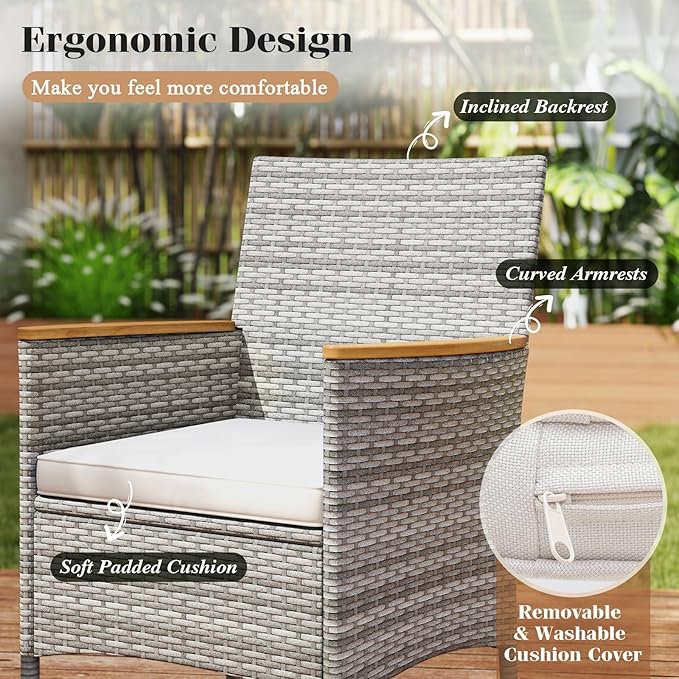 COSTWAY 9-Piece Patio Dining Set for 8, Outdoor Rattan Wicker Table and Chairs Furniture Set with Umbrella Hole, Acacia Wood Tabletop for Backyard, Balcony, Poolside, Grey & White