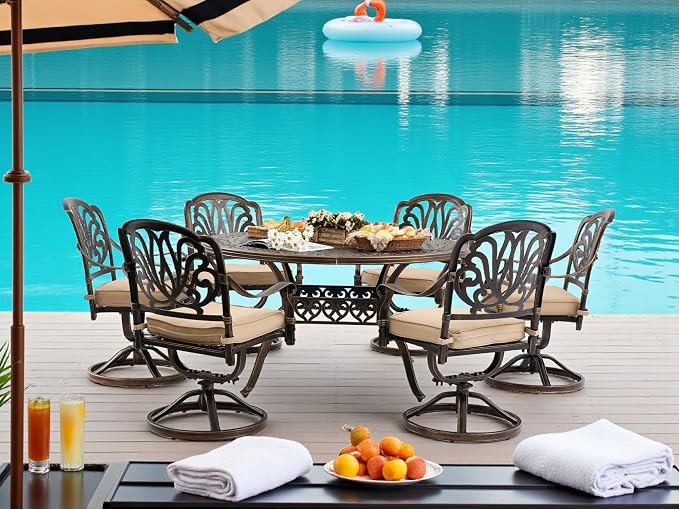 Outdoor Dining Set Cast Aluminum Retro Patio Dining Set with Thicker Cushion and Umbrella Hole for Patio Deck (Bronze Swivel Chair(Elizabeth), 7 Pcs(54" Round Table))