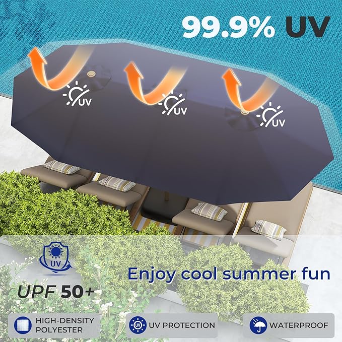 BRIOPAWS 15-FT-Large-Patio-Umbrella-with-Base | Double-Sided | Outdoor Table Umbrellas | w/Crank Handle | 12 Sturdy Fiberglass Rib | UV-Protection | for Garden Deck Backyard Pool | Navy Blue