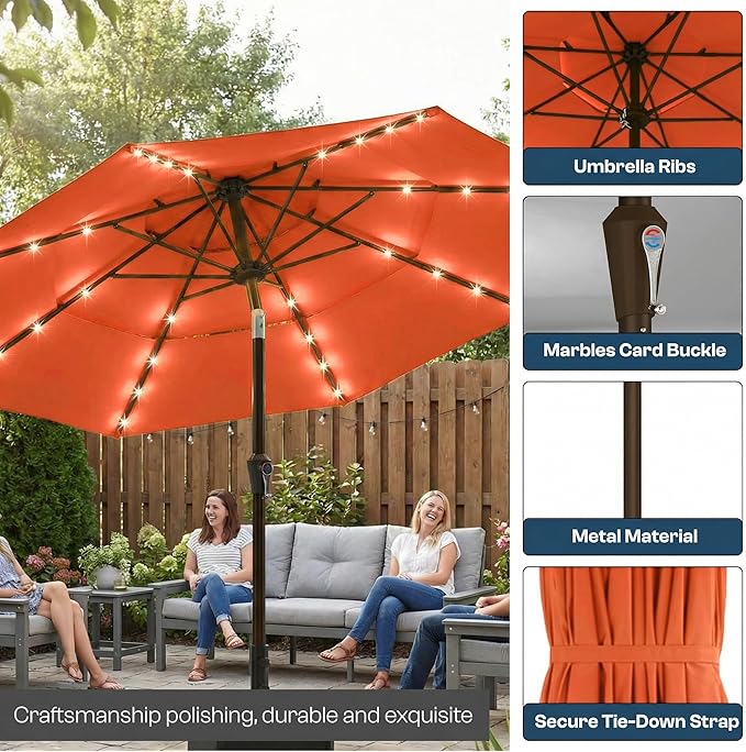 10ft 3-Tier Patio Umbrella with 32 Solar Powered LED Lights, Windproof Outdoor Market Umbrella for Deck, Poolside & Garden, Sturdy Push-Button Tilt Table Umbrella, Terracotta