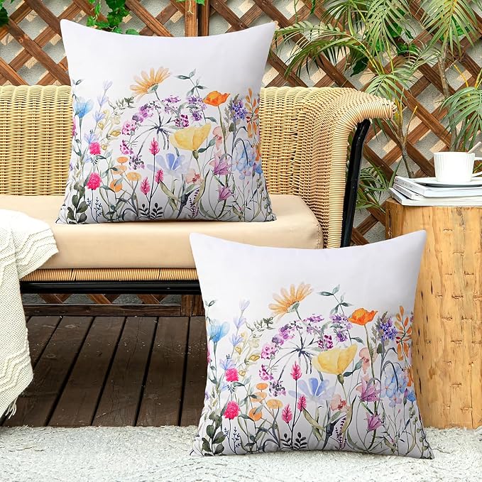Merrycolor Waterproof Outdoor Flower Pillow Covers Spring Decorations for Home - Spring Summer Throw Pillow Covers18×18 Pack of 2 Farmhouse Cushion Covers for Tent Porch Swing Patio Garden Couch Sofa