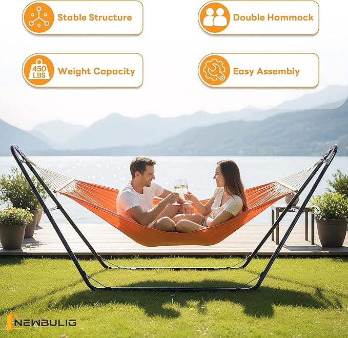NEWBULIG Double Hammock Stand Only, 450 Pound Capacity, Fits 9 to 14 Feet Hammocks, Heavy Duty Hammock Stand for Outside for Garden Backyard Patio Pool Beach with Carrying Case