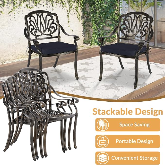 9 Piece Outdoor Patio Dining Set for 8, Cast Aluminium Large Square Dining Table & 8 Cushioned Stackable Chairs, Umbrella Hole, Patio Furniture Set for Garden Porch Poolside, Navy Blue