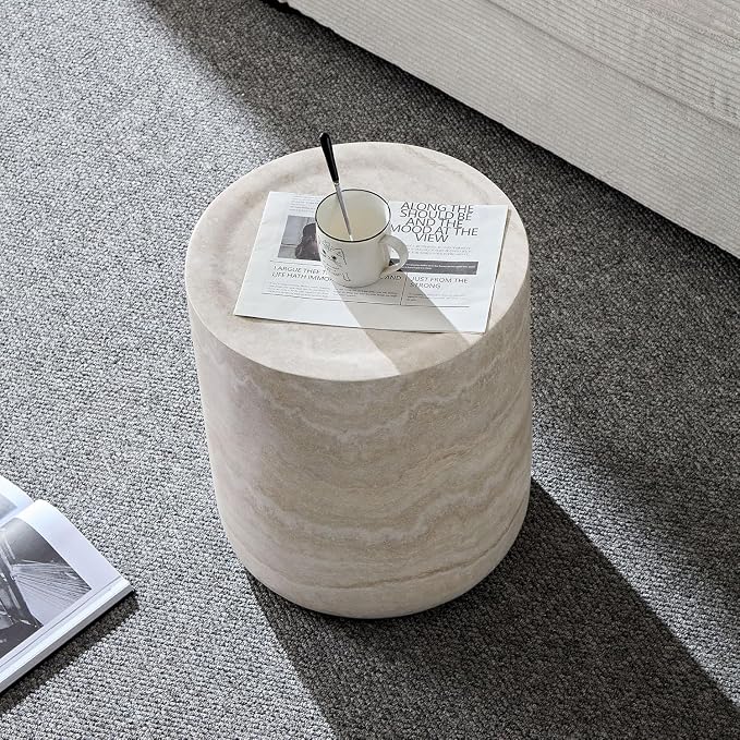 Modern Round Coffee Table End Table Set of 2 Faux Travertine Marble Pattern Circle Coffee Tables Side Table Set for Living Room Apartment No Need Assembly (Fiberglass 2piece)