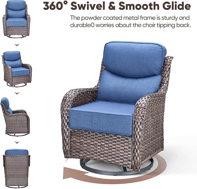 Luxury Patio Furniture Set 10pcs with 6-inch Cushion, Outdoor Furniture with Fire Pit Table, Swivel Chairs, Sofa, Side Table, Ottomans, Patio Set for Deck Yard Brown Wicker | Blue Cushions