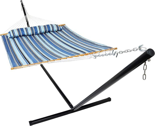 Sunnydaze Quilted Double Hammock with Stand for Outside - 400-Pound Capacity 2-Person Hammock with Stand - 15-Foot Stand - Misty Beach