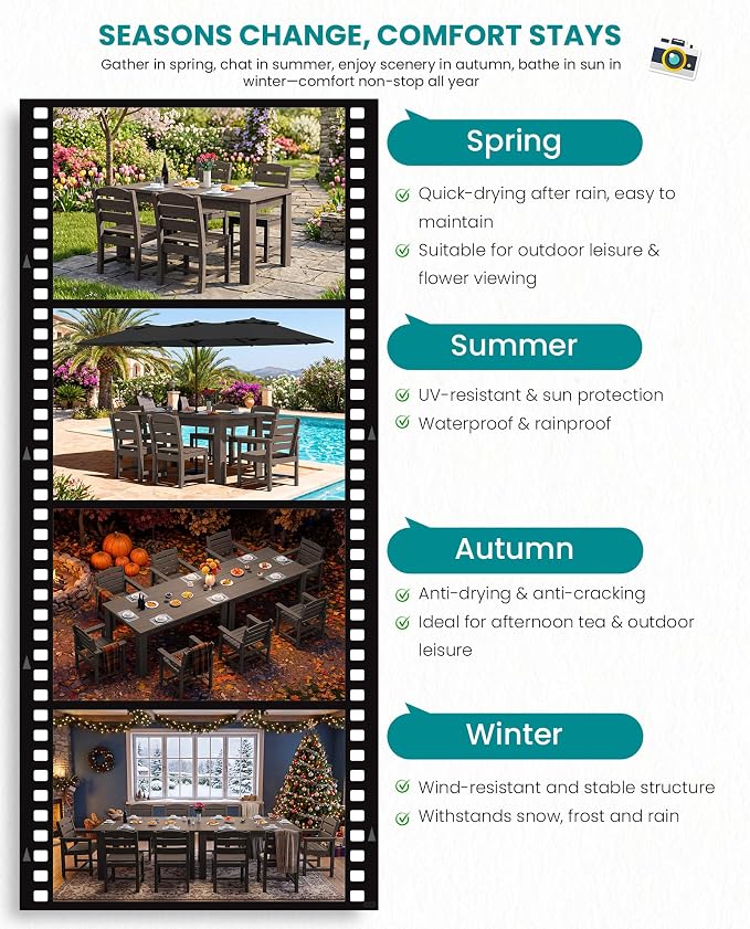 SERWALL 59" HDPE Patio Dining Set for 6, w/ 1 Table & 6 Armchairs, Coffee | All Weather Resistant HDPE Dining Sets for Patio, Garden, Backyard