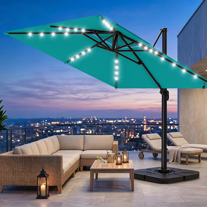 AreShark 10×10FT Solar LED Cantilever Umbrella, Double-Top Outdoor Patio Offset Umbrella with 360 Degree Rotation, Large Square Canopy with Lights for Garden Deck Pool, Turquoise Blue