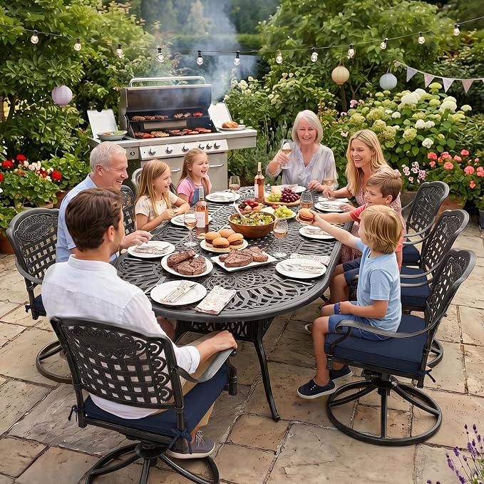 VIVIJASON 9-Piece Outdoor Patio Furniture Dining Set, All-Weather Cast Aluminum Conversation Set, Include 8 Swivel Dining Chairs and an Oval Table with Umbrella Hole, Navy Blue Cushion