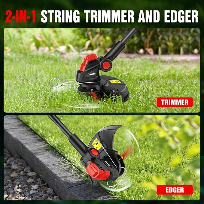 EWORK 20V Weed Wacker Cordless, Upgraded Cutter Blade, Weed Eater Battery Powered with 2×2.0Ah Batteries & Fast Charger, 10-Inch 2-in-1 Electric Grass Trimmer for Edger, Lawn, Garden