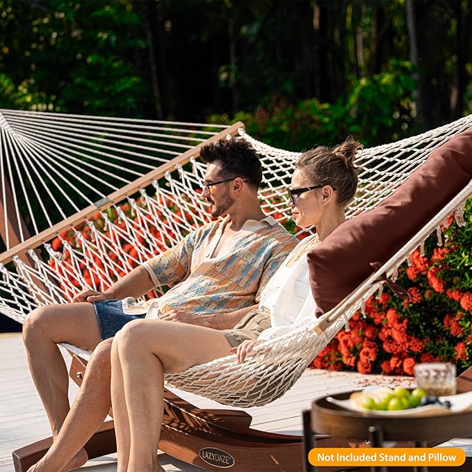 Lazy Daze Hammocks 12FT Double Rope Hammocks, 2 Person Hand Woven Cotton Hammock with Pillow and Spreader Bar for Outside, Patio, Poolside, FIT 13-15 Ft Stand, Max 450 Lbs, Natural, 141 x 57 inches