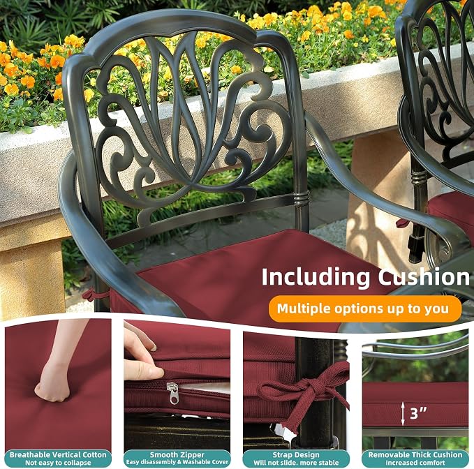 MEETWARM 7-Piece Outdoor Patio Dining Set, All-Weather Cast Aluminum Patio Conversation Set for Backyard Garden Deck with 6 Cushioned Swivel Rocker Chairs, 1 Rectangular Table, Chili Red
