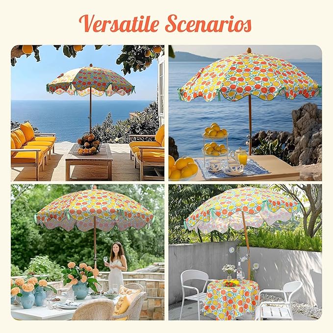 LAGarden Fringe Patio Umbrella with Carry Bag & Cover Vintage Wood for Event Outdoor Garden Yard Wedding Bistro Table