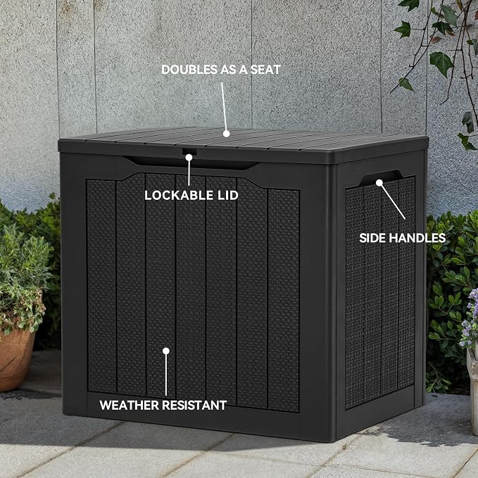 YITAHOME 30 Gallon Outdoor Storage Box, Small Water Resistant Resin Deck Box, Indoor Outdoor Lockable Rattan Storage Container for Patio, Garden, Cushions, Tools, Equipment (Black)