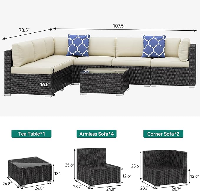 YITAHOME 7 Pieces Outdoor Patio Furniture Set, Sectional Sofa PE Rattan Wicker Conversation Set Outside Couch w/Table and Cushions for Porch Lawn Garden Backyard, Black