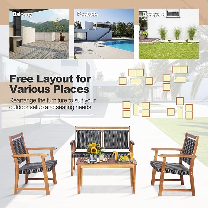 DORTALA 4 Piece Wood Patio Furniture Set, Outdoor Wicker Rattan Conversation Set with Chairs & Coffee Table for Garden, Backyard, Poolside