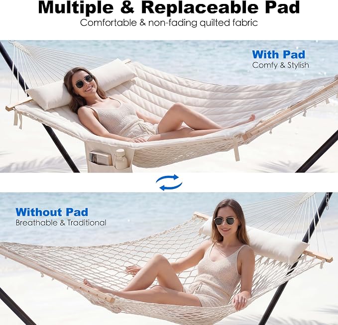 GAFETE 2 Person Hammock with Stand for Outside, 52inch Double Cotton Rope Hammock with Polyester Pad, Heavy Duty Steel Stand, Large Removable Pillow, Storage Bag, Max 475 lbs Capacity (Cream with Pad)