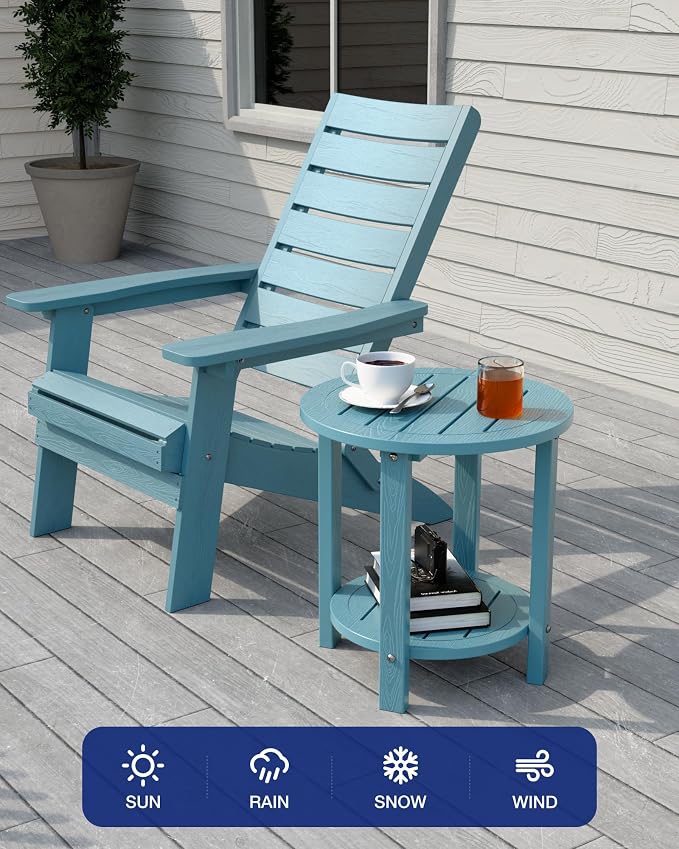 YEFU Outdoor Side Table for Patio: 16in HIPS Small Round Outdoor End Table - 2-Tier Adirondack Tables for Porch Patio Yard Poolside Living Room Beach Bedroom (Blue, 2 Pack)