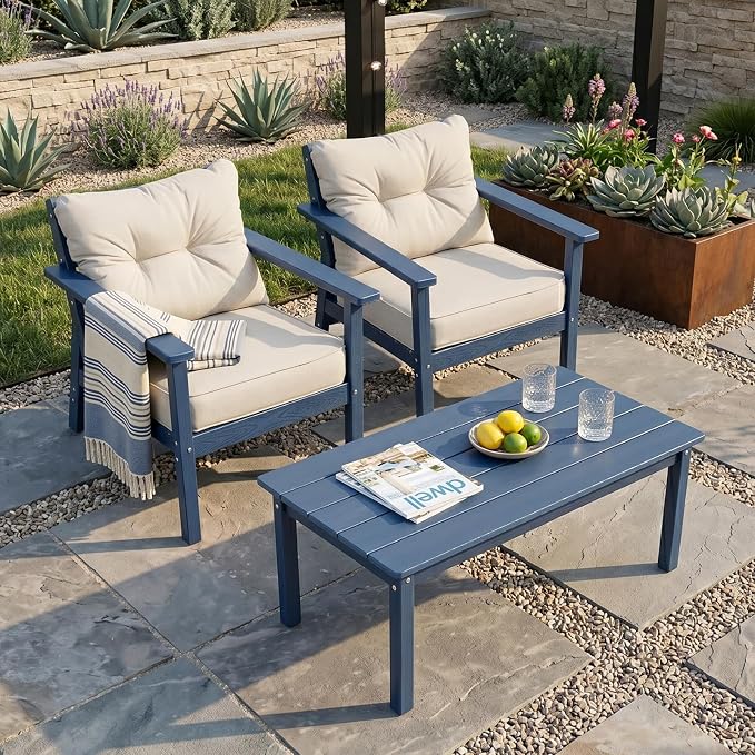 2 Seat HDPE Patio Conversation Set with Coffee Table, Outdoor Chairs Set | Water-Resistant Thick Cushion, HDPE All Weather, Wood-Grain, No Rot or Rust or Crack, UV Fade Shield, Easy-Clean for Outside