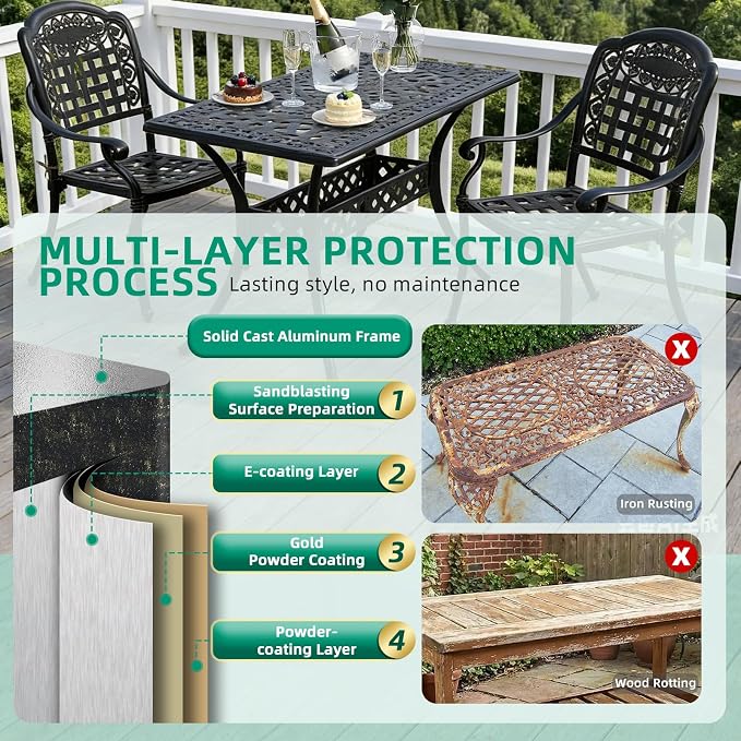 VIVIJASON 3 Piece Outdoor Dining Set, Cast Aluminum Patio Bistro Set with 42" x 24" Rectangular Table and 2 Chairs, Rust Proof & Weather Resistant Furniture for Small Balcony, Porch, Garden, Deck