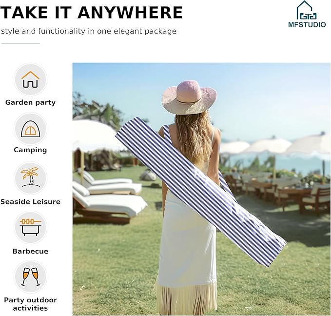 MFSTUDIO 7ft Beach Umbrella with Fringe, Tassel Umbrellas UPF50+ with Tilt Button & Crank, Holiday Outdoor Umbrella with Carry Bag, Ideal for Garden Lawn Poolside, Navy Blue Stripe