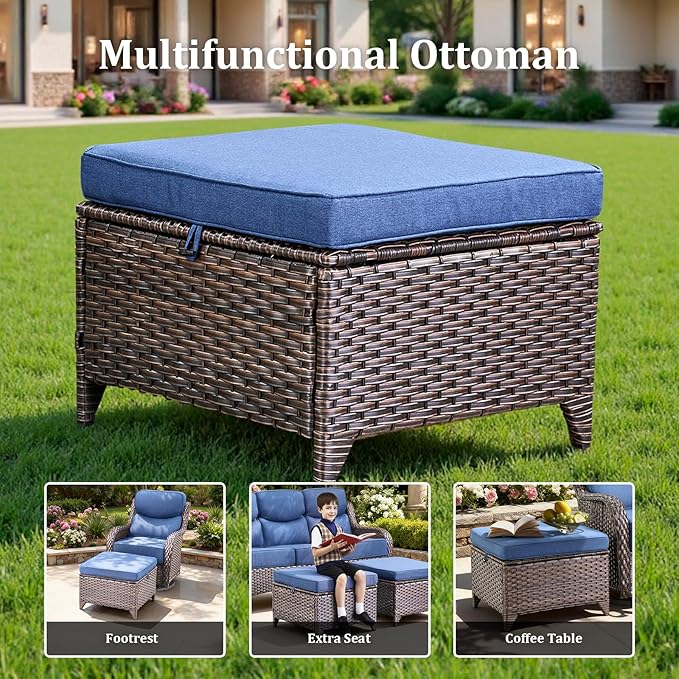 Luxury High Back Patio Furniture Set with 6-Inch Thick Cushions, 5-Pieces Outdoor Furniture with Swivel Chairs, Wicker Conversation Set for Porch, Balcony, Deck and Yard, Brown/Blue