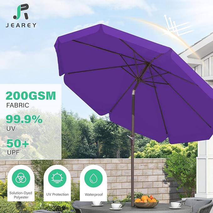JEAREY 9 FT Patio Umbrella Outdoor, Table Umbrellas Market Umbrella w/Push Button Tilt/Crank, 8 Sturdy Ribs(Dark Purple)