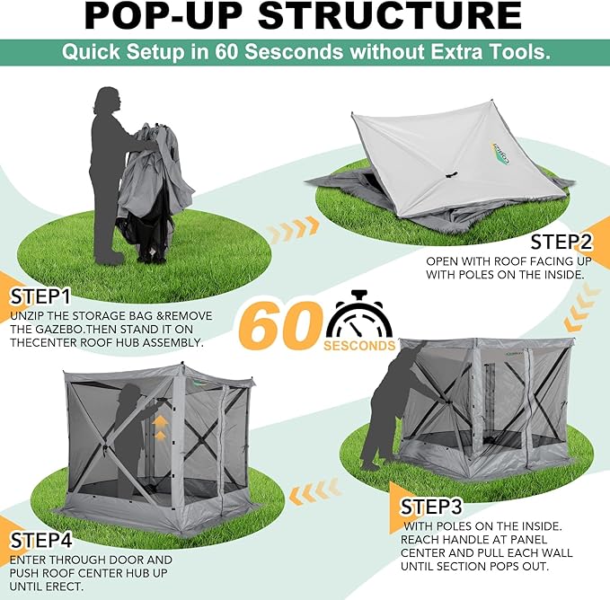 COBIZI 6x6 FT Pop up Gazebo, Popup Canopy Tent, Screened in Gazebos, Waterproof Portable Outdoor Small Screen Tents Sun Shelter,carpas para Patio for Camping, Garden and Backyard,Grey