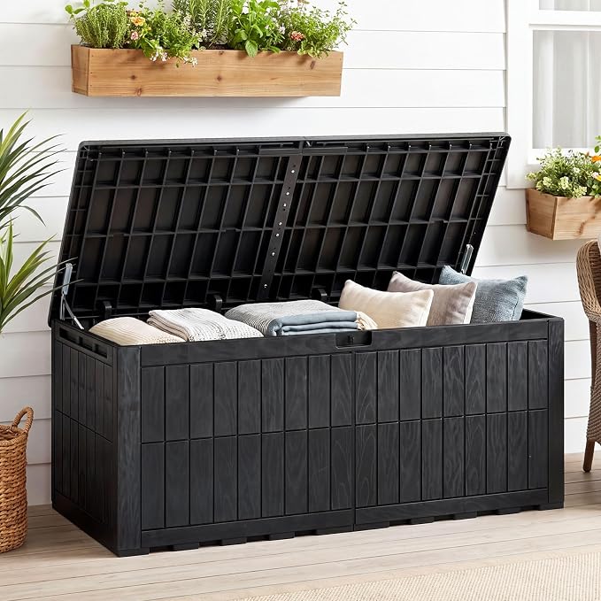 HAPPYGRILL 180 Gal Outdoor Deck Box, Lockable Storage Bin with Lid and Handles, Waterproof and Sun-Protective Patio Bench and Storage Box for Garden Tools Pool Supplies (Black, 180Gallon)