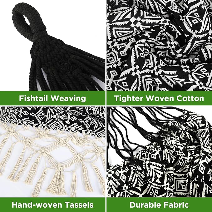 Black with Wirte Bohemian Striped Fringe Double Hammock - Soft Cotton Fabric Outdoor Indoor Hanging Bed with Durable Ropes, Space-Saving Design for Garden, Patio, Backyard, Porch, Beach Camping