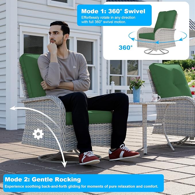 13-Piece Patio Furniture Set, Outdoor Patio Furniture with Swivel Chairs Set, Ottomans, 55,000 BTU Fire Pit Table, Modular Patio Sofa, Dual-Strand Wicker Rattan, Rust-Resistant Frame, Dark Green