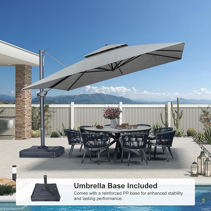 PURPLE LEAF 12 FT Cantilever Patio Umbrella Outdoor Umbrella with 330lbs Base Large Square Windproof Offset Umbrella for Pool Deck Garden, Pebble Grey