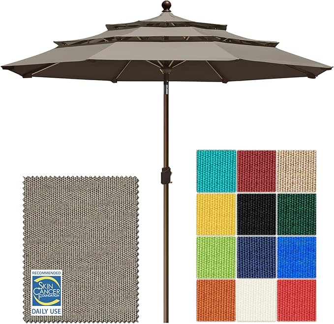 EliteShade USA 10-Year-Non-Fading 10ft 3-Tier Market Patio Umbrella, Commercial Grade Outdoor Table Umbrella with Crank Open, Windproof & UPF 50+ UV Protection, Heavy Duty Ventilation for Garden, Deck, Pool, Backyard, Beach & Bistro, Taupe