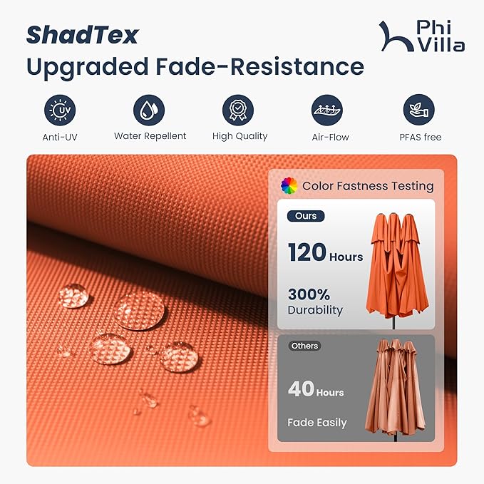 PHI VILLA 13ft Large Patio Umbrellas with Base Included, 2-Tier Double-Sided Outdoor Market Rectangle Umbrella for Outside, Orange Red